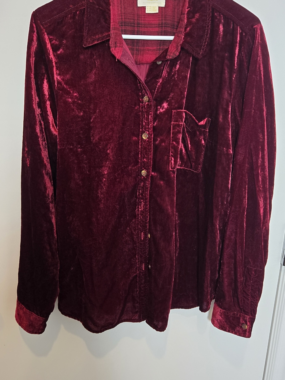 Anthropologie Cranberry Velvet Button Up Top